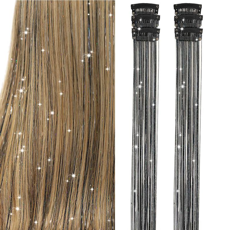 Clip in Hair Tinsel, Pack of 6 Pcs 24 Inch,Glitter Tinsel Hair Extensions 24 Inches, Festival Tinsel Fairy Hair Extension