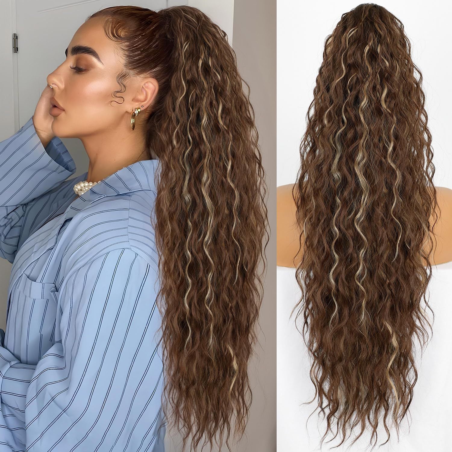 Extension de Cheveux Bouclés Ondulés et Volumineux avec Queue de Cheval