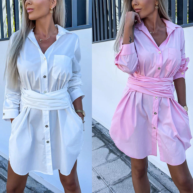 ð¥Limited time 50% offð¥Women's Trendy Solid Color Tie Waist Shirt Dress