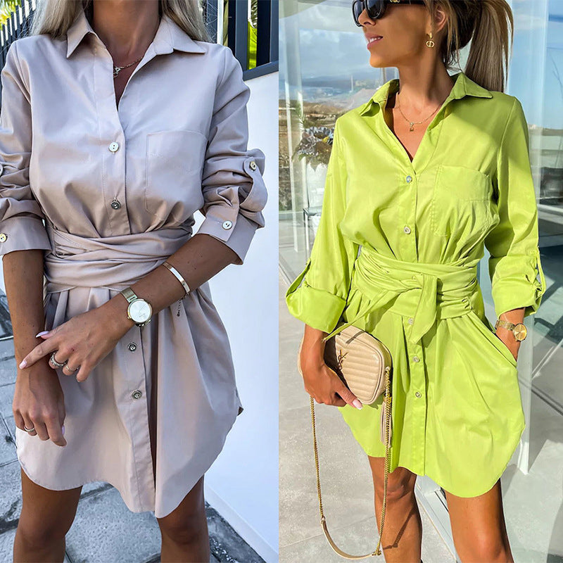 ð¥Limited time 50% offð¥Women's Trendy Solid Color Tie Waist Shirt Dress