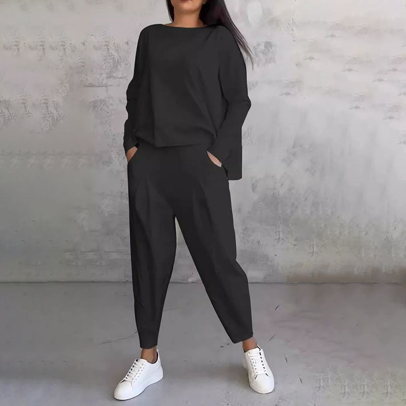 Round-Neck Long-Sleeved Top & Pants 2-Piece Set