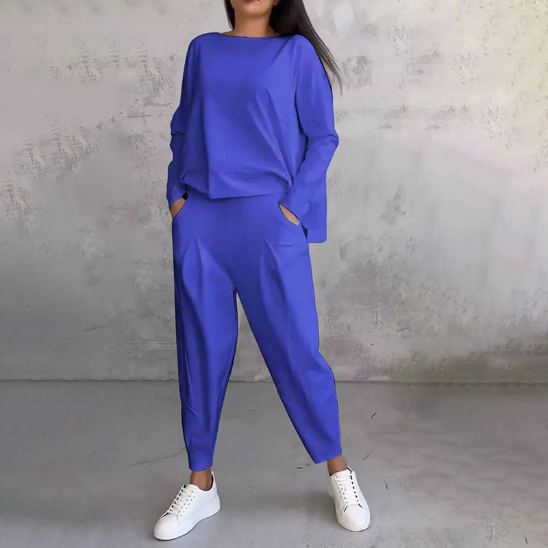 Round-Neck Long-Sleeved Top & Pants 2-Piece Set