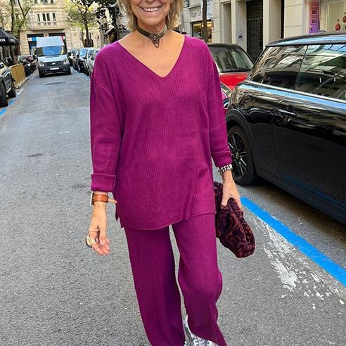 πV-Neck Top & Wide-Leg Pants 2-Piece Set