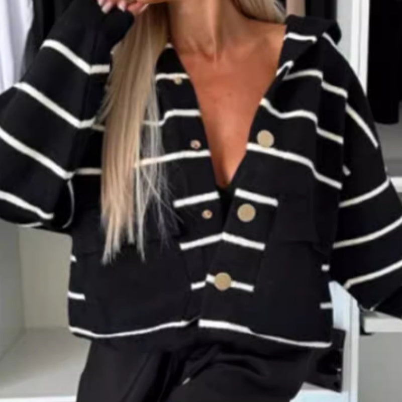 💕Women's Striped Button Down Hooded Coat