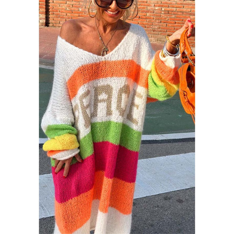🔥🖤Early Black Friday Sale:50% OFF🔥Color Block V-Neck Letter Print Sweater Dress