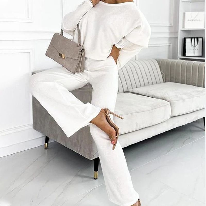 💕Women's Solid Color Drop Shoulder Pullover and Loose Pants Set