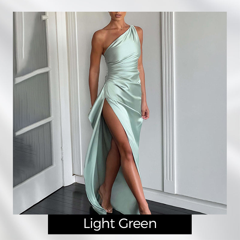 ๐ LAST DAY PROMOTION 50%OFF ๐Fits Your Curves Satin One Shoulder Drape Slit Maxi Dress