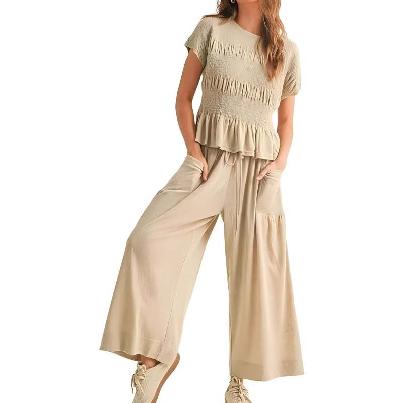 💜LAST DAY-50% OFF💜Women’s Pleated Top & Wide-Leg Pants Set