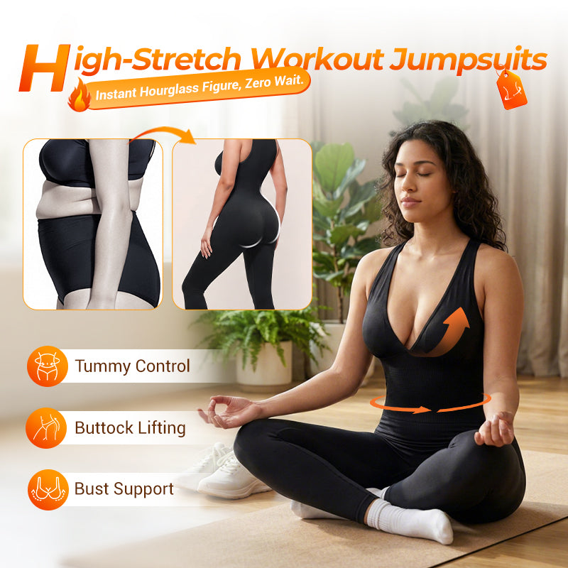 💞50K+ SOLD!🌸High-Stretch V-Neck Jumpsuit – All-day ease for fitness & beyond. Breathable, flexible & effortlessly chic. Your go-to for movement. 🧘‍♀️💫