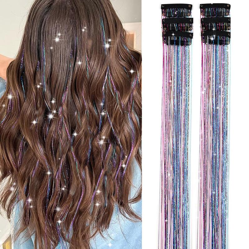 Clip in Hair Tinsel, Pack of 6 Pcs 24 Inch,Glitter Tinsel Hair Extensions 24 Inches, Festival Tinsel Fairy Hair Extension