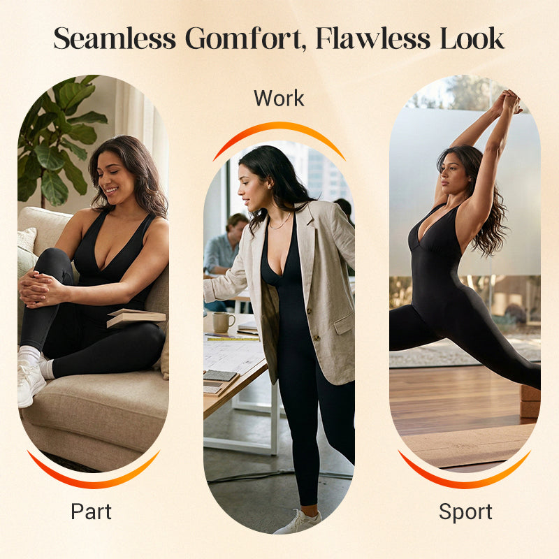 💞50K+ SOLD!🌸High-Stretch V-Neck Jumpsuit – All-day ease for fitness & beyond. Breathable, flexible & effortlessly chic. Your go-to for movement. 🧘‍♀️💫