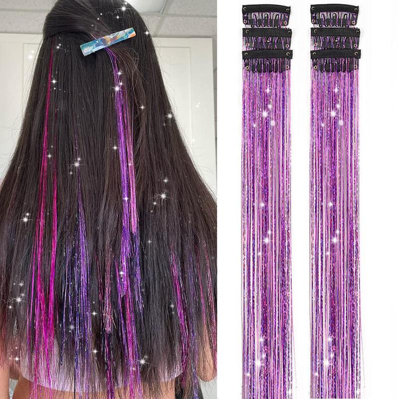 Clip in Hair Tinsel, Pack of 6 Pcs 24 Inch,Glitter Tinsel Hair Extensions 24 Inches, Festival Tinsel Fairy Hair Extension