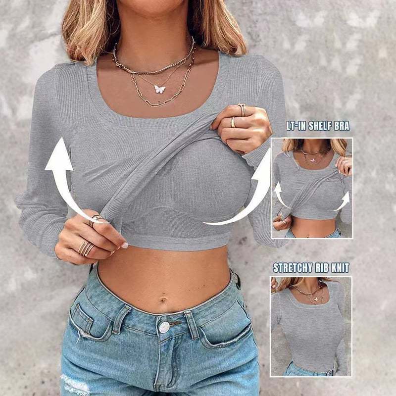 ⏰Last Day 50% OFF🍂Womens U-Neck Built-in Bra Long Sleeve Ribbed Top Shirts Elegant Skinny Fit Fabric
