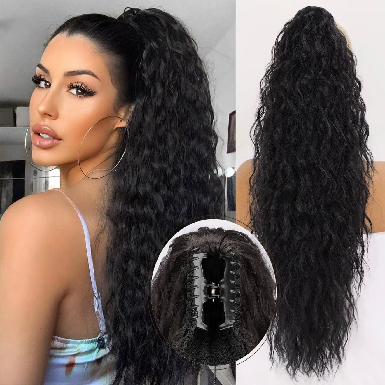 Extension de Cheveux Bouclés Ondulés et Volumineux avec Queue de Cheval