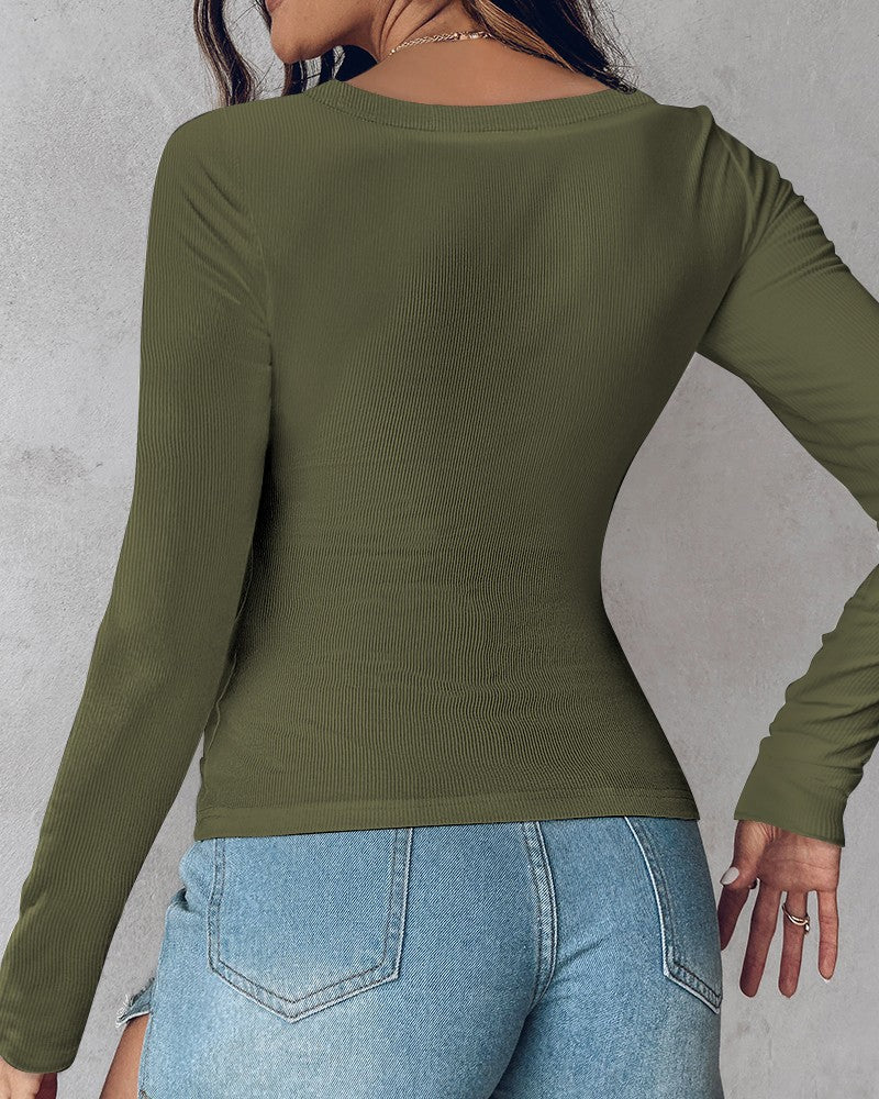 ⏰Last Day 50% OFF🍂Womens U-Neck Built-in Bra Long Sleeve Ribbed Top Shirts Elegant Skinny Fit Fabric