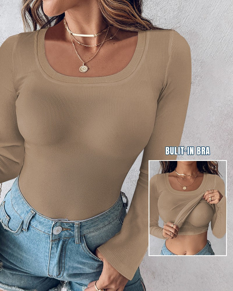 ⏰Last Day 50% OFF🍂Womens U-Neck Built-in Bra Long Sleeve Ribbed Top Shirts Elegant Skinny Fit Fabric