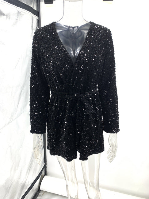 🎅Xmas Sales - 50% OFF🎄Sequined Long-Sleeve One-Piece Shorts Set