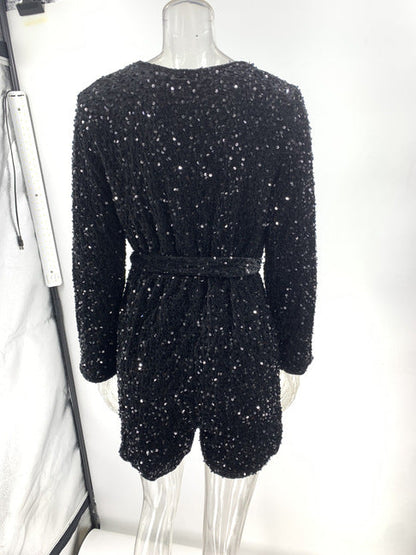 🎅Xmas Sales - 50% OFF🎄Sequined Long-Sleeve One-Piece Shorts Set