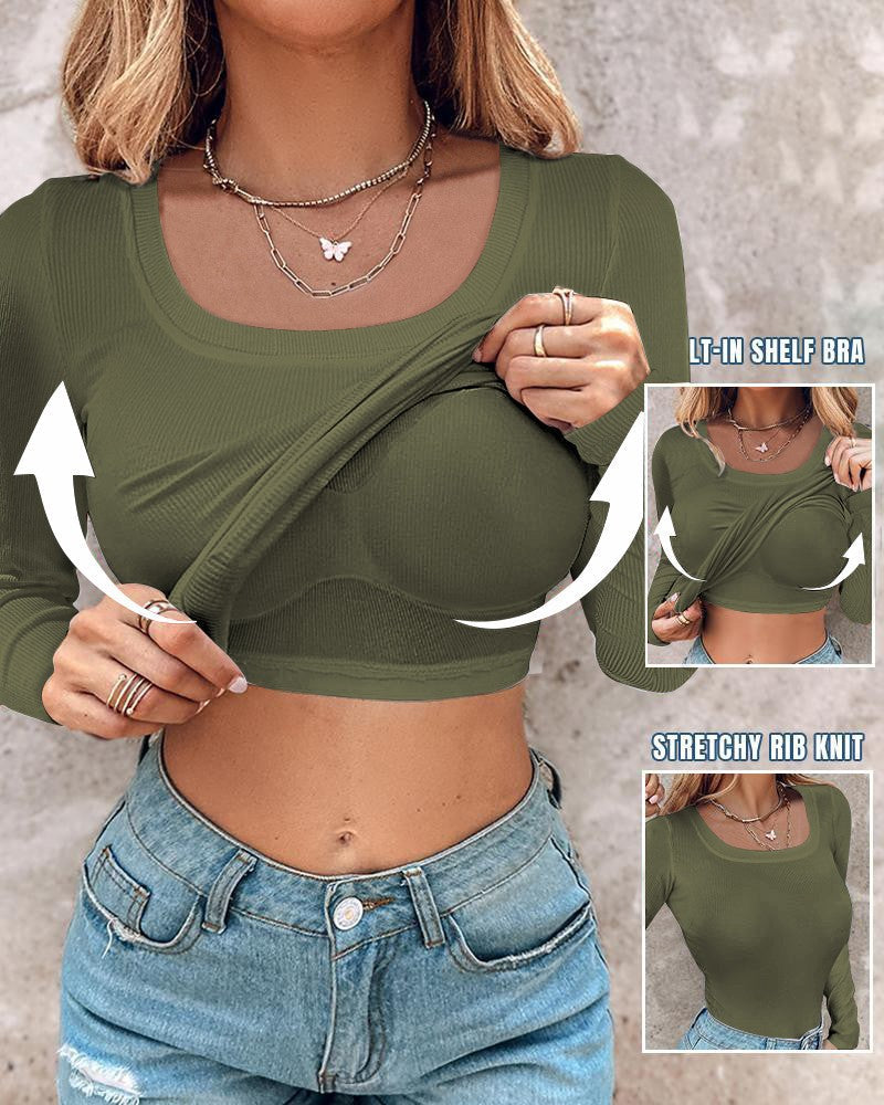 ⏰Last Day 50% OFF🍂Womens U-Neck Built-in Bra Long Sleeve Ribbed Top Shirts Elegant Skinny Fit Fabric