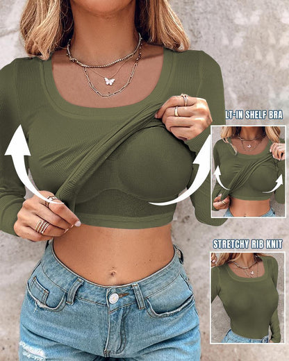 ⏰Last Day 50% OFF🍂Womens U-Neck Built-in Bra Long Sleeve Ribbed Top Shirts Elegant Skinny Fit Fabric