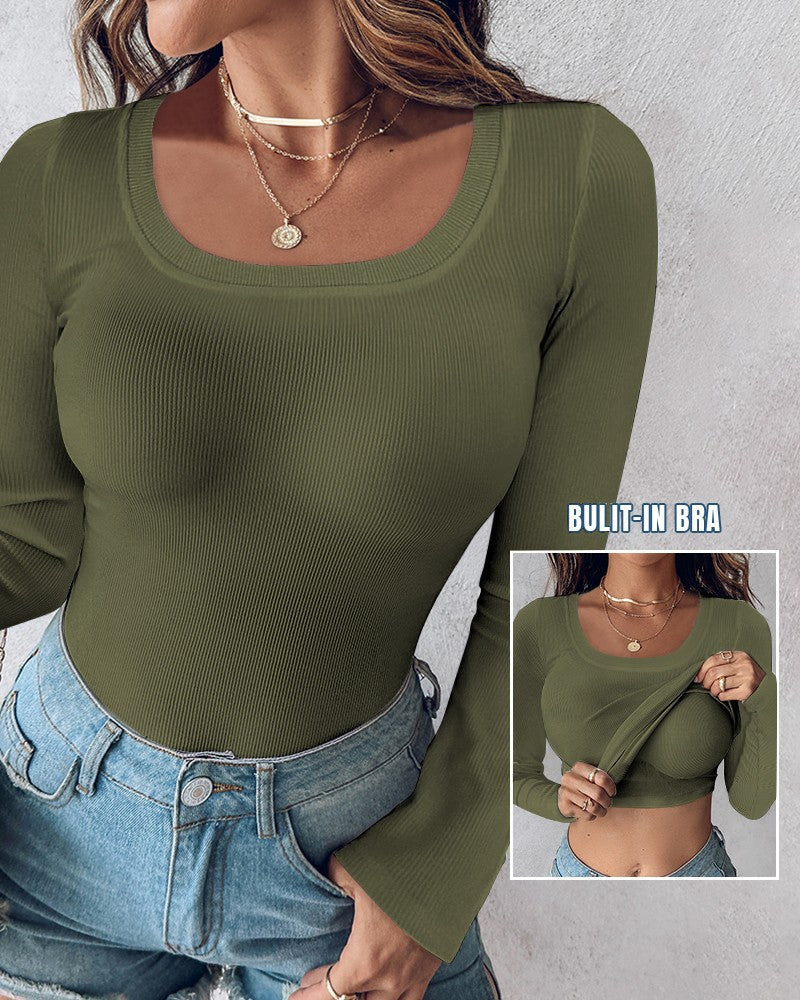 ⏰Last Day 50% OFF🍂Womens U-Neck Built-in Bra Long Sleeve Ribbed Top Shirts Elegant Skinny Fit Fabric