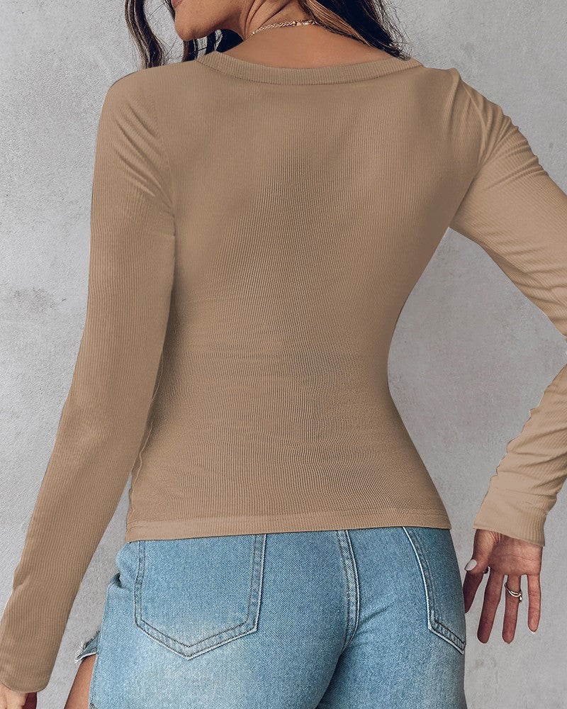 ⏰Last Day 50% OFF🍂Womens U-Neck Built-in Bra Long Sleeve Ribbed Top Shirts Elegant Skinny Fit Fabric