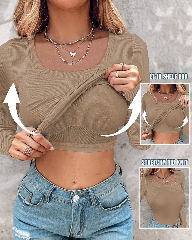 ⏰Last Day 50% OFF🍂Womens U-Neck Built-in Bra Long Sleeve Ribbed Top Shirts Elegant Skinny Fit Fabric
