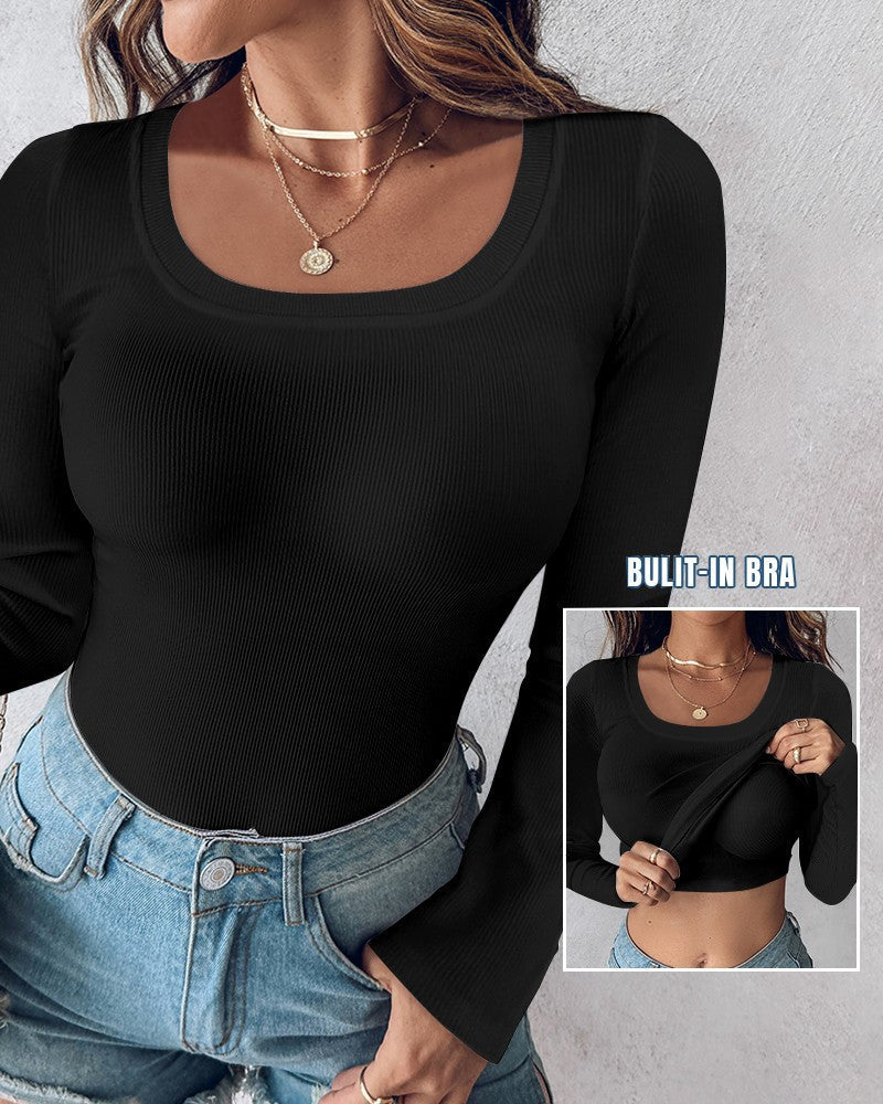 ⏰Last Day 50% OFF🍂Womens U-Neck Built-in Bra Long Sleeve Ribbed Top Shirts Elegant Skinny Fit Fabric