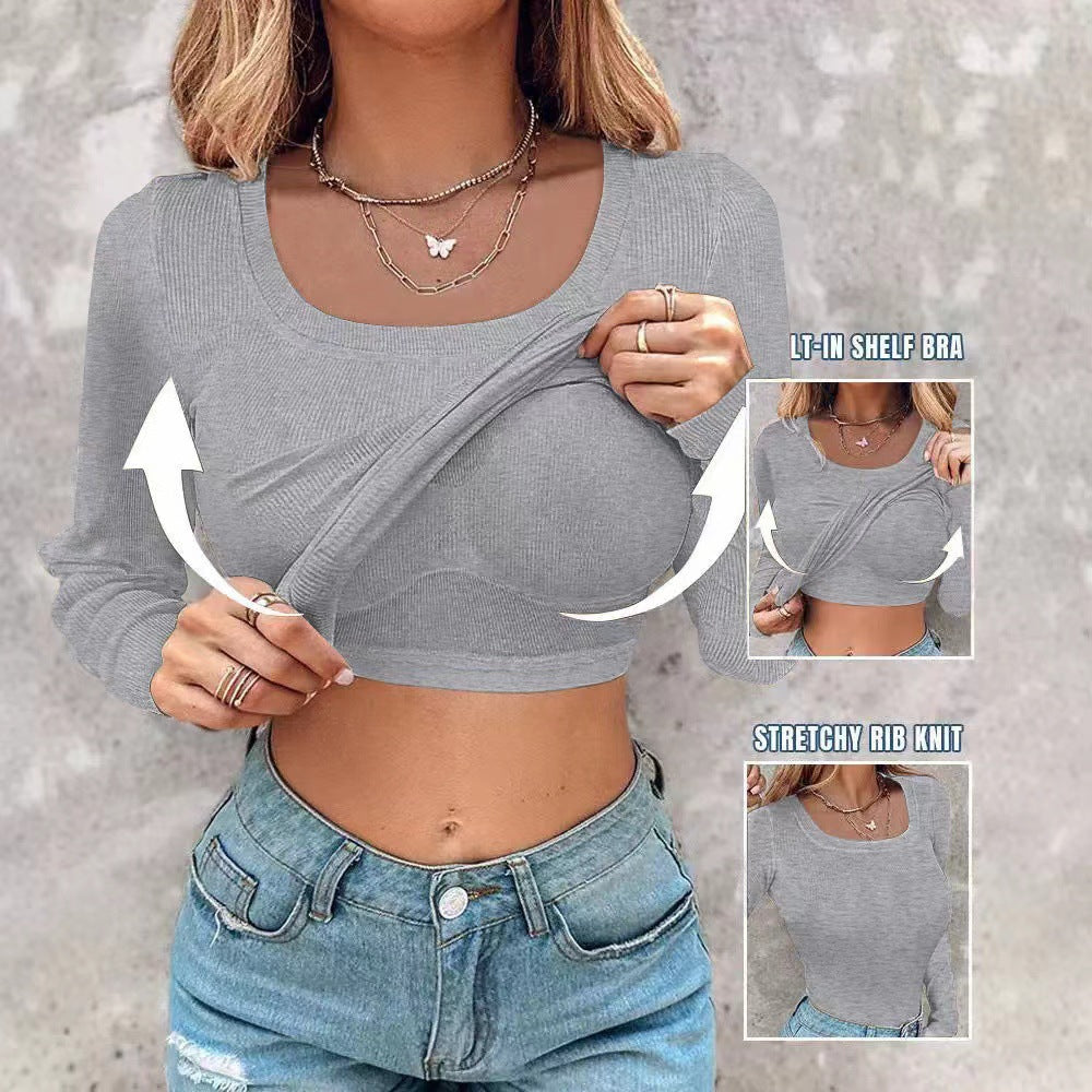 ⏰Last Day 50% OFF🍂Womens U-Neck Built-in Bra Long Sleeve Ribbed Top Shirts Elegant Skinny Fit Fabric