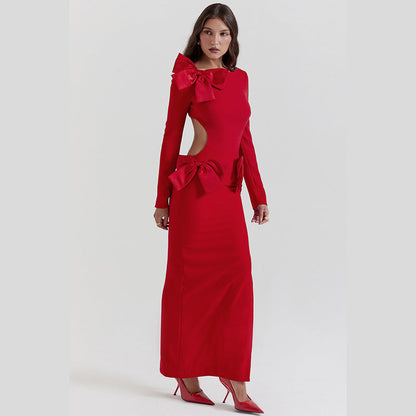 Elegant Bow Waist Cutout High Split Dress