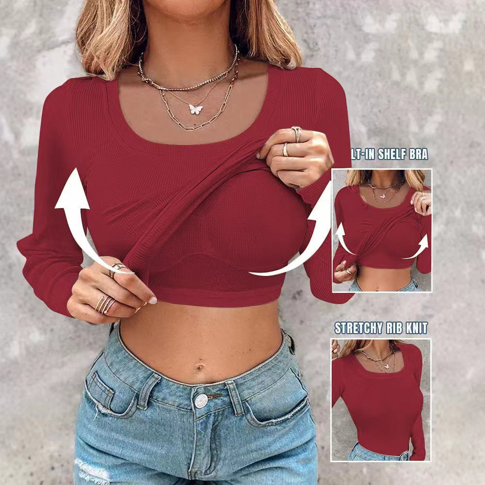 ⏰Last Day 50% OFF🍂Womens U-Neck Built-in Bra Long Sleeve Ribbed Top Shirts Elegant Skinny Fit Fabric