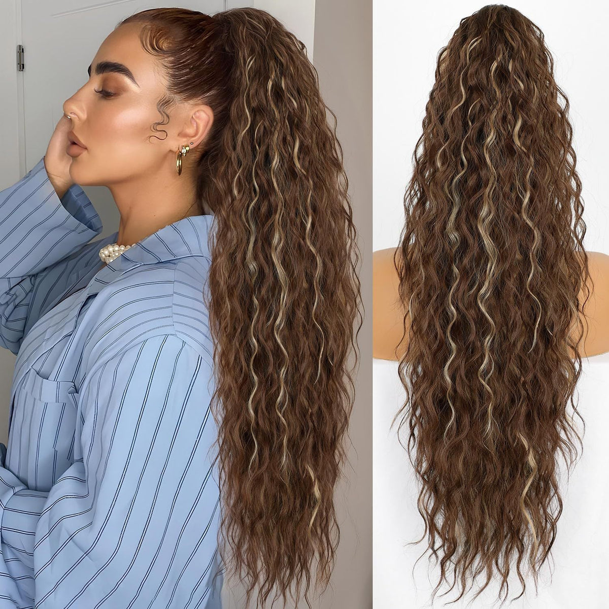 Extension de Cheveux Bouclés Ondulés et Volumineux avec Queue de Cheval