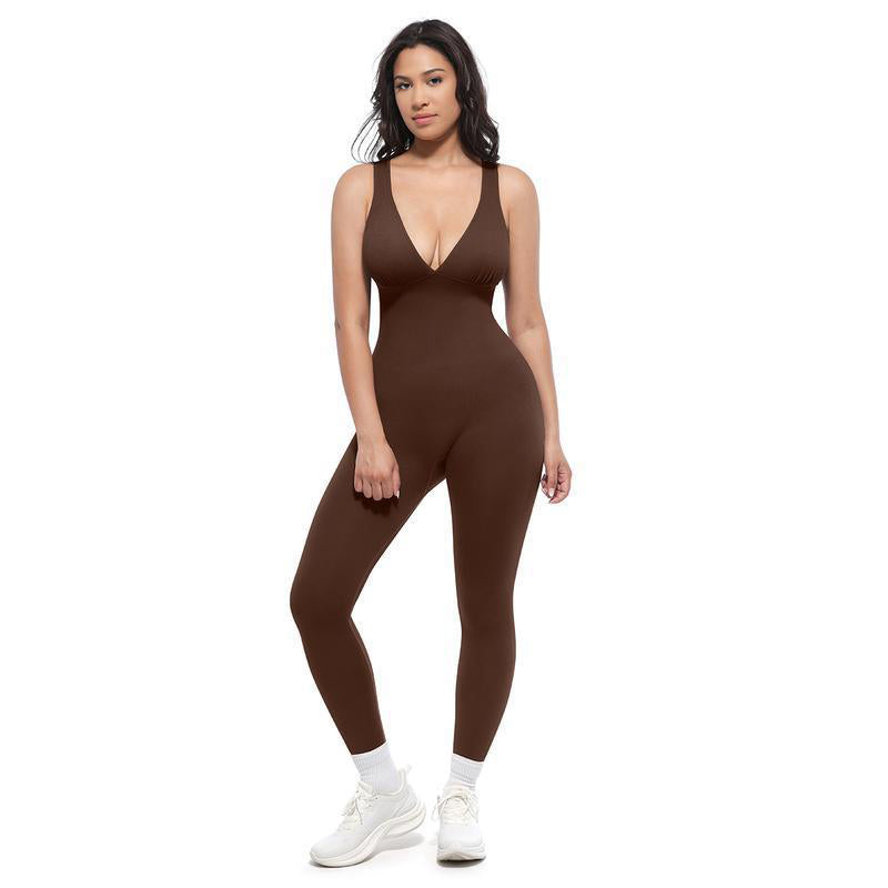 💞50K+ SOLD!🌸High-Stretch V-Neck Jumpsuit – All-day ease for fitness & beyond. Breathable, flexible & effortlessly chic. Your go-to for movement. 🧘‍♀️💫