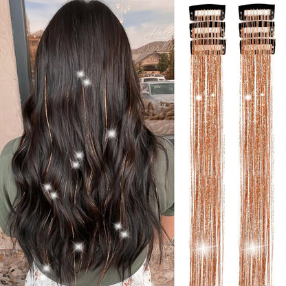 Clip in Hair Tinsel, Pack of 6 Pcs 24 Inch,Glitter Tinsel Hair Extensions 24 Inches, Festival Tinsel Fairy Hair Extension