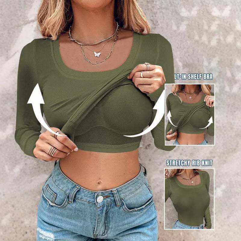 ⏰Last Day 50% OFF🍂Womens U-Neck Built-in Bra Long Sleeve Ribbed Top Shirts Elegant Skinny Fit Fabric