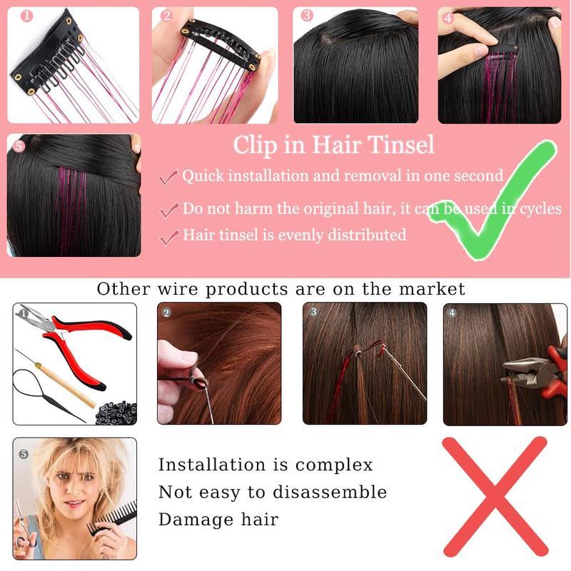 Clip in Hair Tinsel, Pack of 6 Pcs 24 Inch,Glitter Tinsel Hair Extensions 24 Inches, Festival Tinsel Fairy Hair Extension