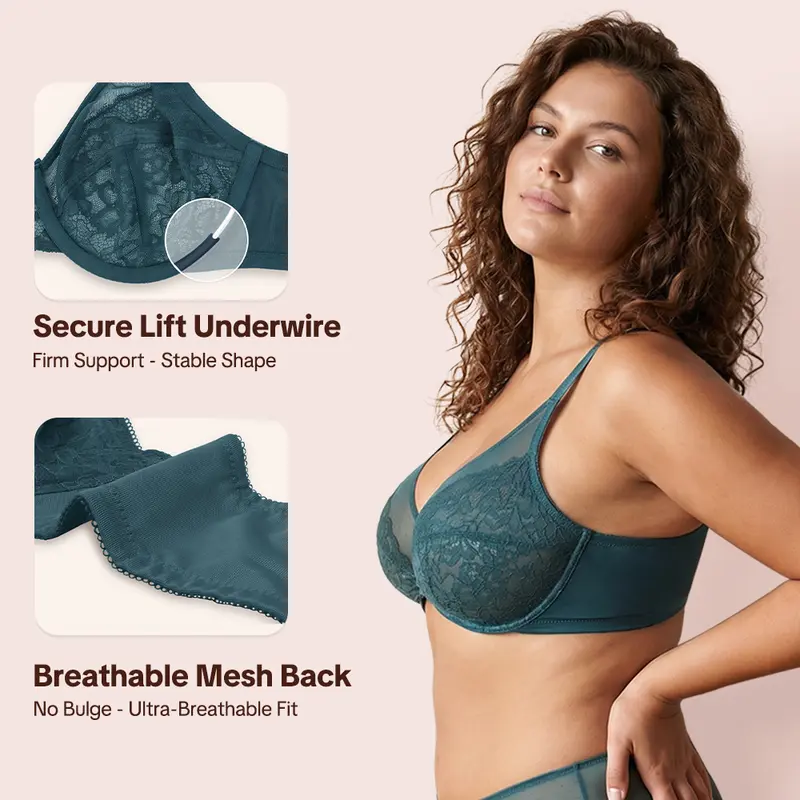 💞Enchante Floral Lace Plus Size Underwire Unlined Unpadded Minimizer Full Coverage Bra Women's Wear Comfortable Breathable Mesh Cup