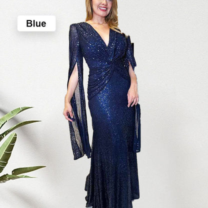🔥🖤Black Friday Sale:50% OFF🔥Sequined V-Neck Evening Dress with Pleated Hem