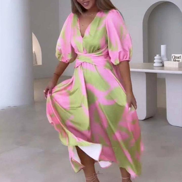 🔥Limited time 50% off🔥Elegant Color-Blocking V-Neck Waist-Cinching Dress