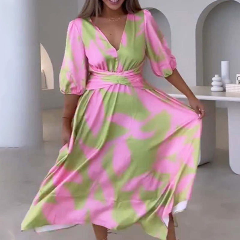 🔥Limited time 50% off🔥Elegant Color-Blocking V-Neck Waist-Cinching Dress