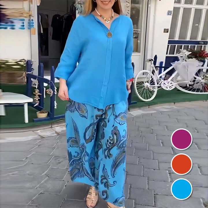 🔥Limited Time 50% OFF🔥Women’s Casual Printed Long-sleeve Blouse and Wide-leg Pants 2-piece Set