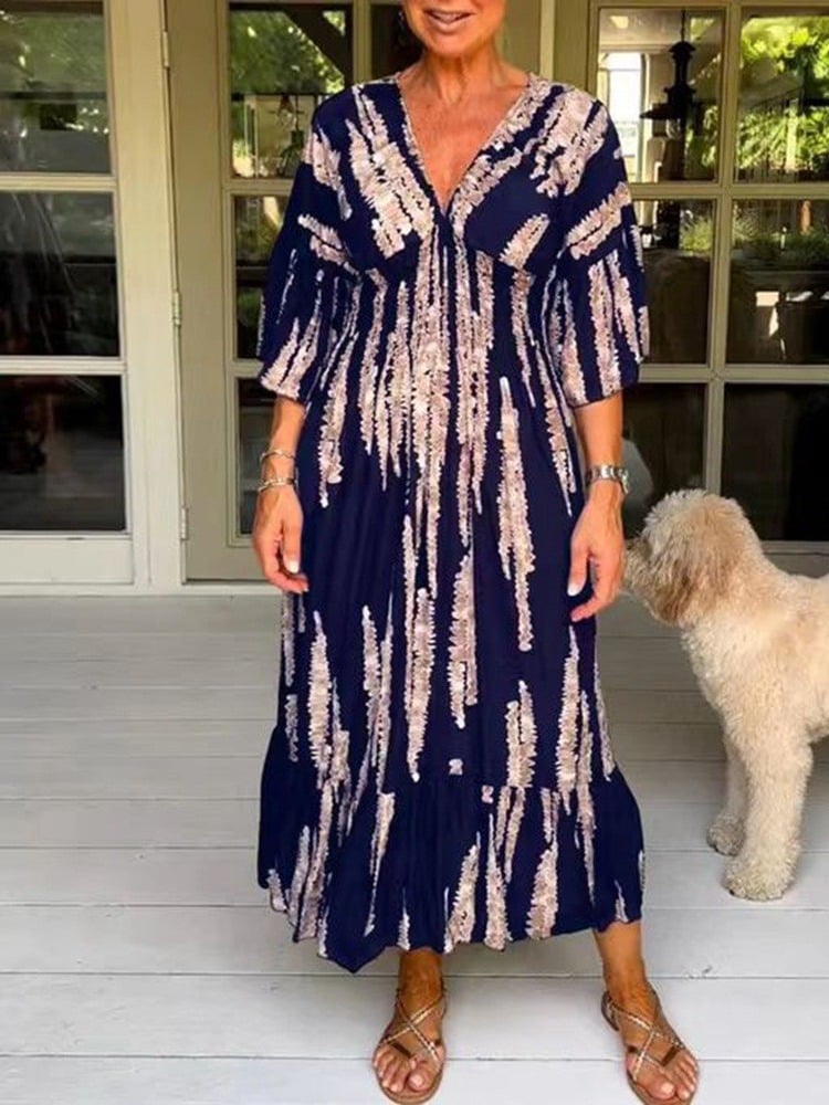 Mother's Day Hot Sale 🔥Casual Print V-Neck Waist Wrap Long Dress