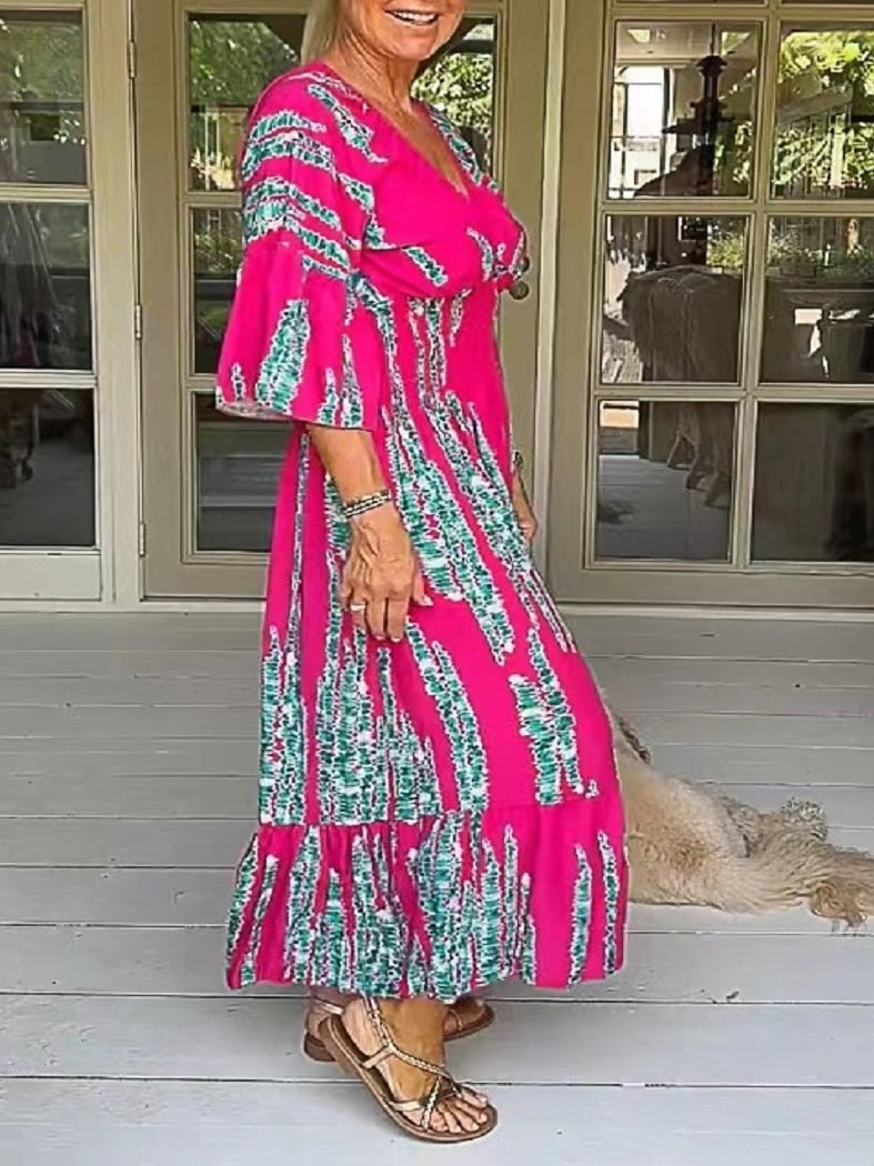 Mother's Day Hot Sale 🔥Casual Print V-Neck Waist Wrap Long Dress