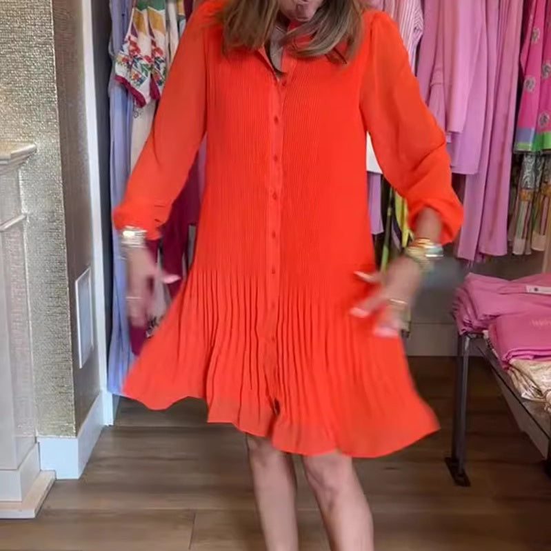 💕HOT SALE💕 Casual Button-Down Shirt Dress with Pleated Hem