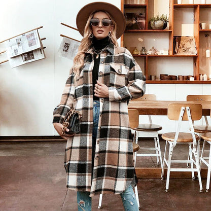 💕Women's Plaid Print Long Sleeve Warm Tweed Coat