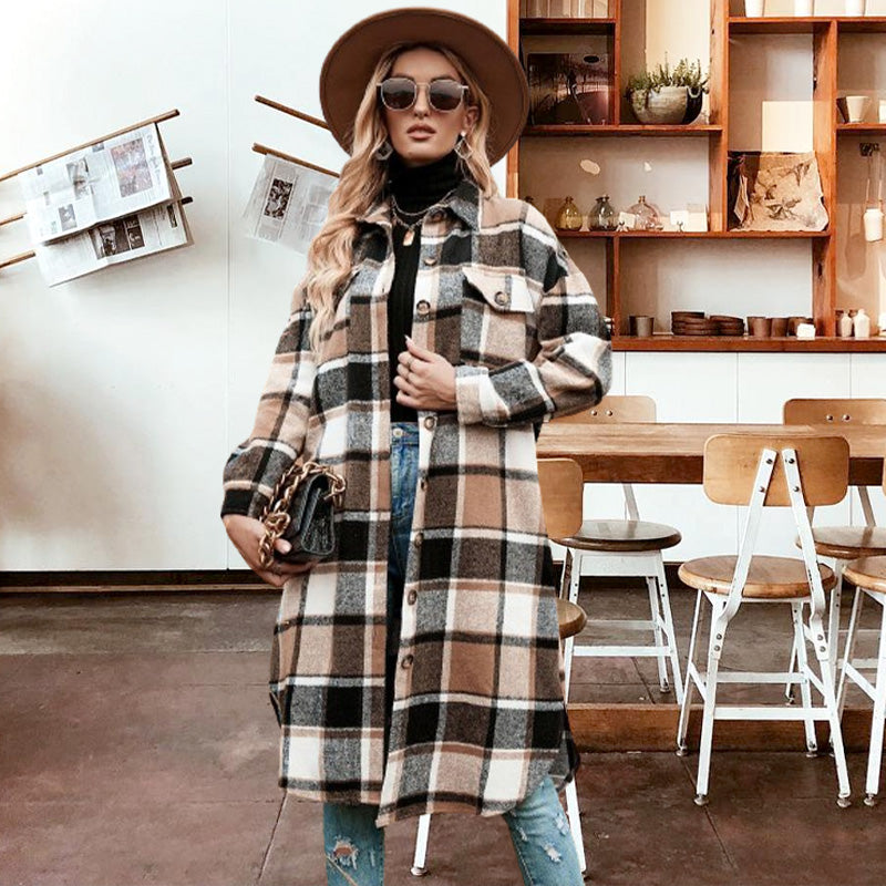 💕Women's Plaid Print Long Sleeve Warm Tweed Coat