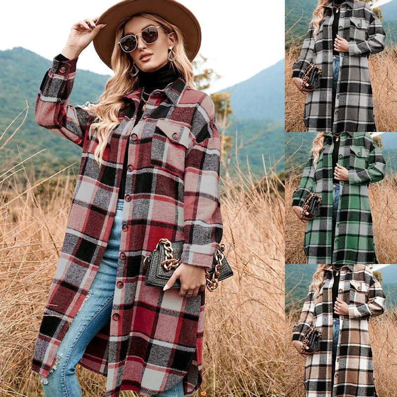 💕Women's Plaid Print Long Sleeve Warm Tweed Coat