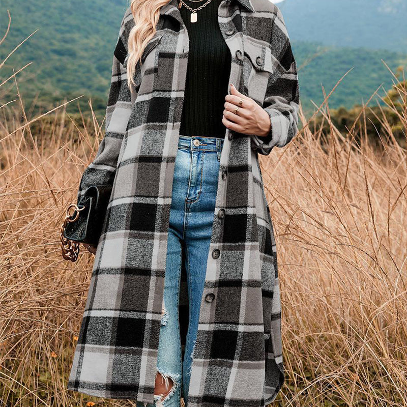 💕Women's Plaid Print Long Sleeve Warm Tweed Coat