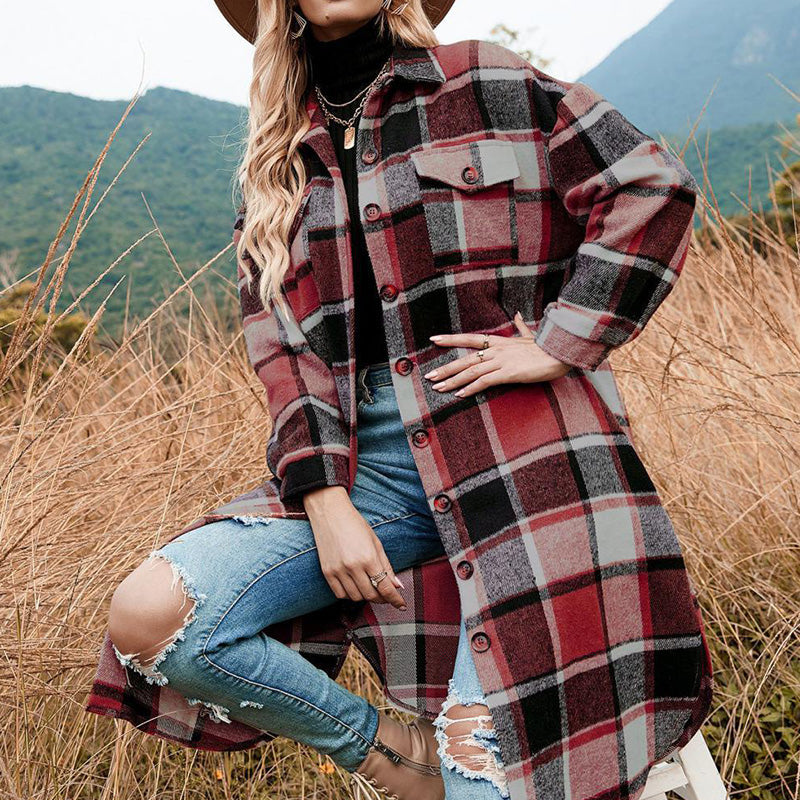 💕Women's Plaid Print Long Sleeve Warm Tweed Coat