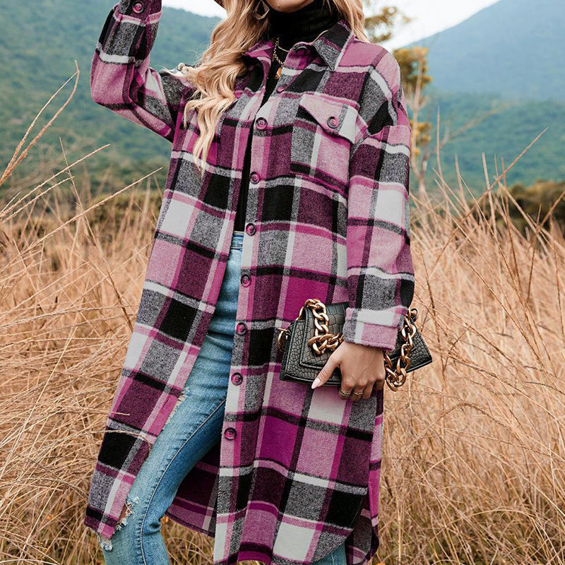 💕Women's Plaid Print Long Sleeve Warm Tweed Coat
